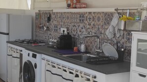 A compact kitchen with a washing machine, a sink, and a stove.