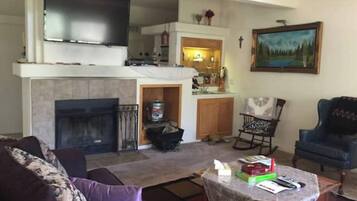 Smart TV, fireplace, DVD player, books