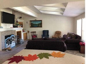 Smart TV, fireplace, DVD player, books