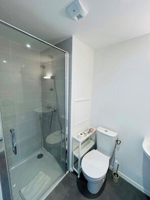 Douche, séchoir à cheveux, serviettes fournies