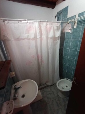 Chalet rustique familial, balcon, vue sur la montagne | Salle de bain | Douche, serviettes fournies, savon, papier de toilette