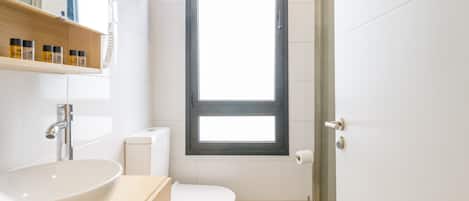 Shower, hair dryer, towels, toilet paper