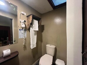 Hair dryer, towels, soap, shampoo