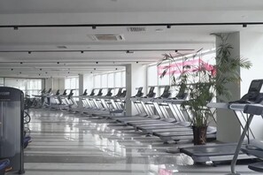 Un gimnasio con cintas de correr alineadas, una planta grande en maceta y una ventana con vistas.