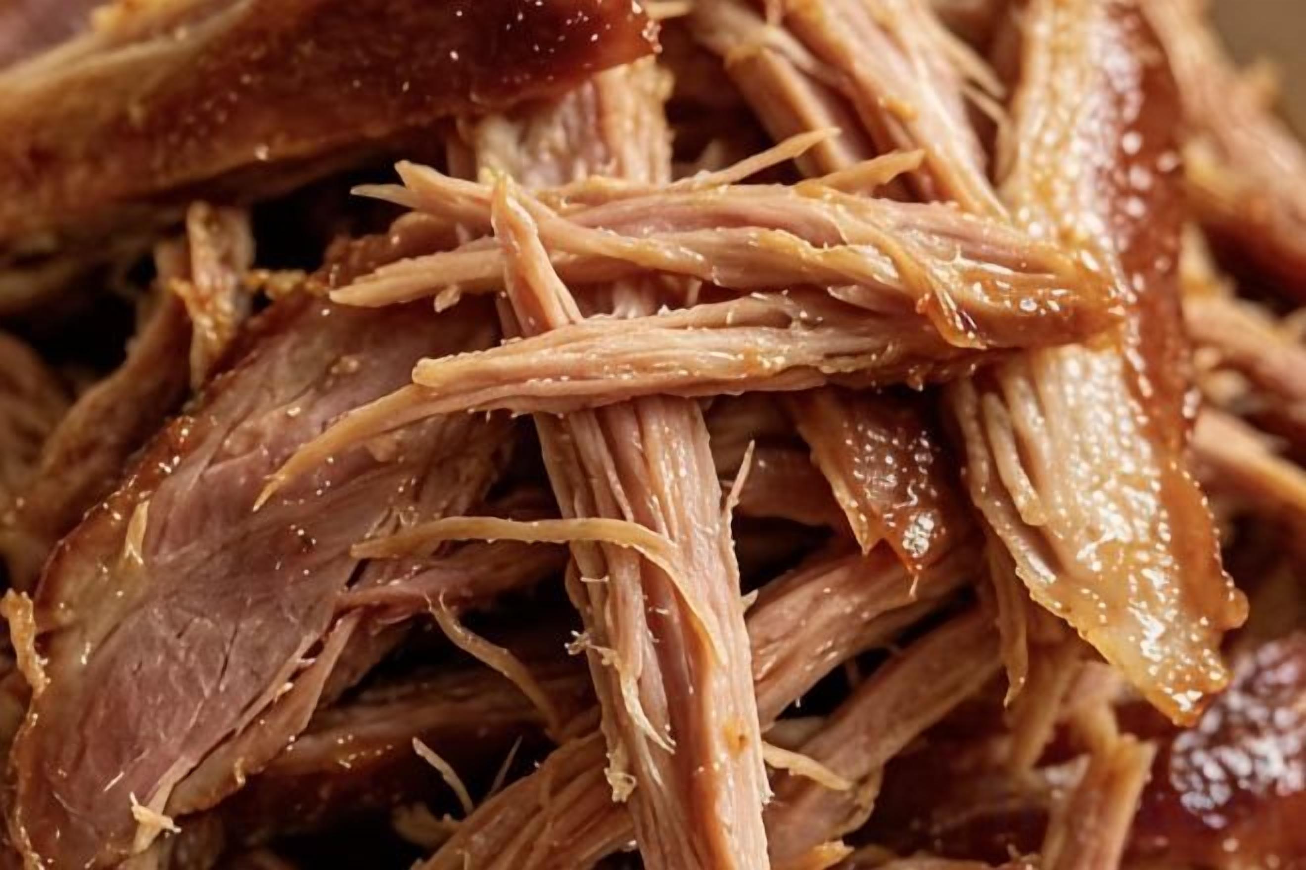 Une vue rapprochée de viande effilochée, probablement du porc, qui a un aspect brillant et luisant.