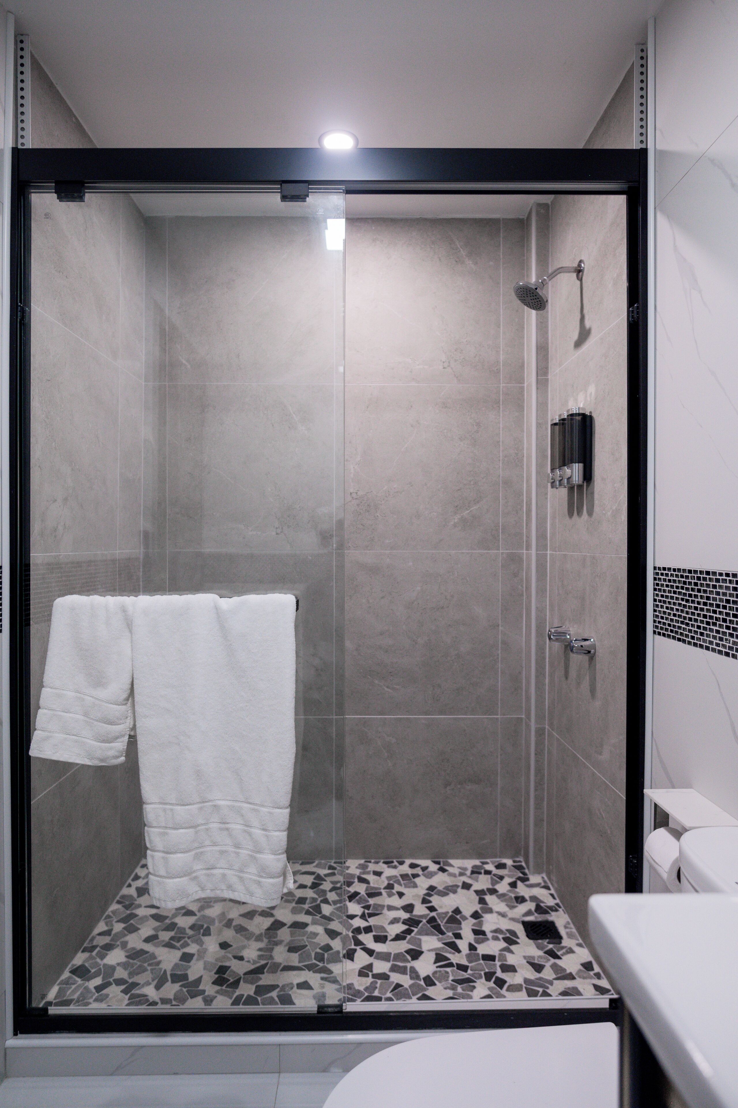 シャワー、ヘアドライヤー、タオル、石鹸