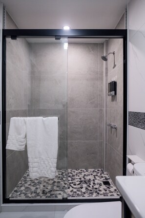 Douche, sèche-cheveux, serviettes fournies, savon