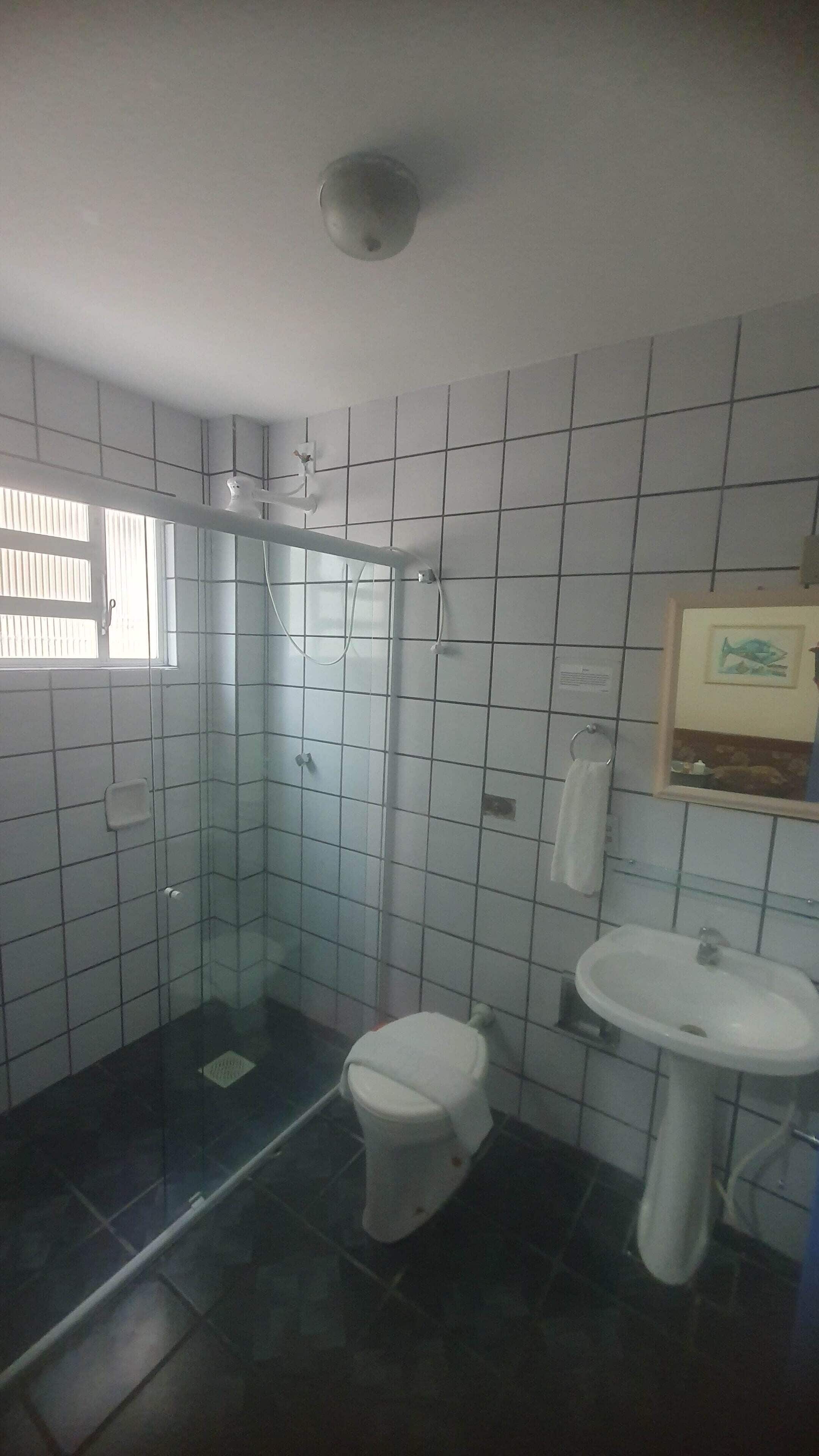 A bathroom with a glass-enclosed shower, a white toilet, and a pedestal sink.