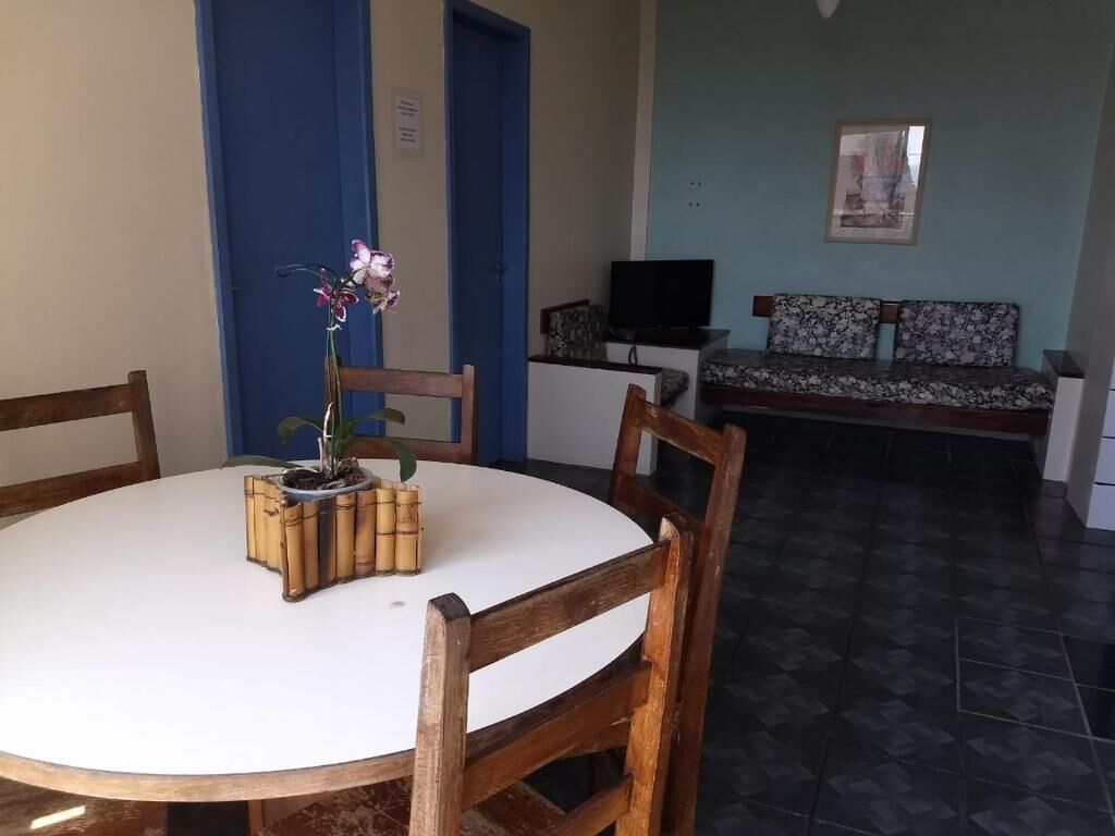 A dining area with a round table, chairs, and a potted plant. There is a sofa and a television in the background.
