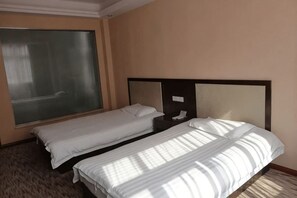 Een hotelkamer met twee bedden, een groot raam en een nachtkastje met een lamp.