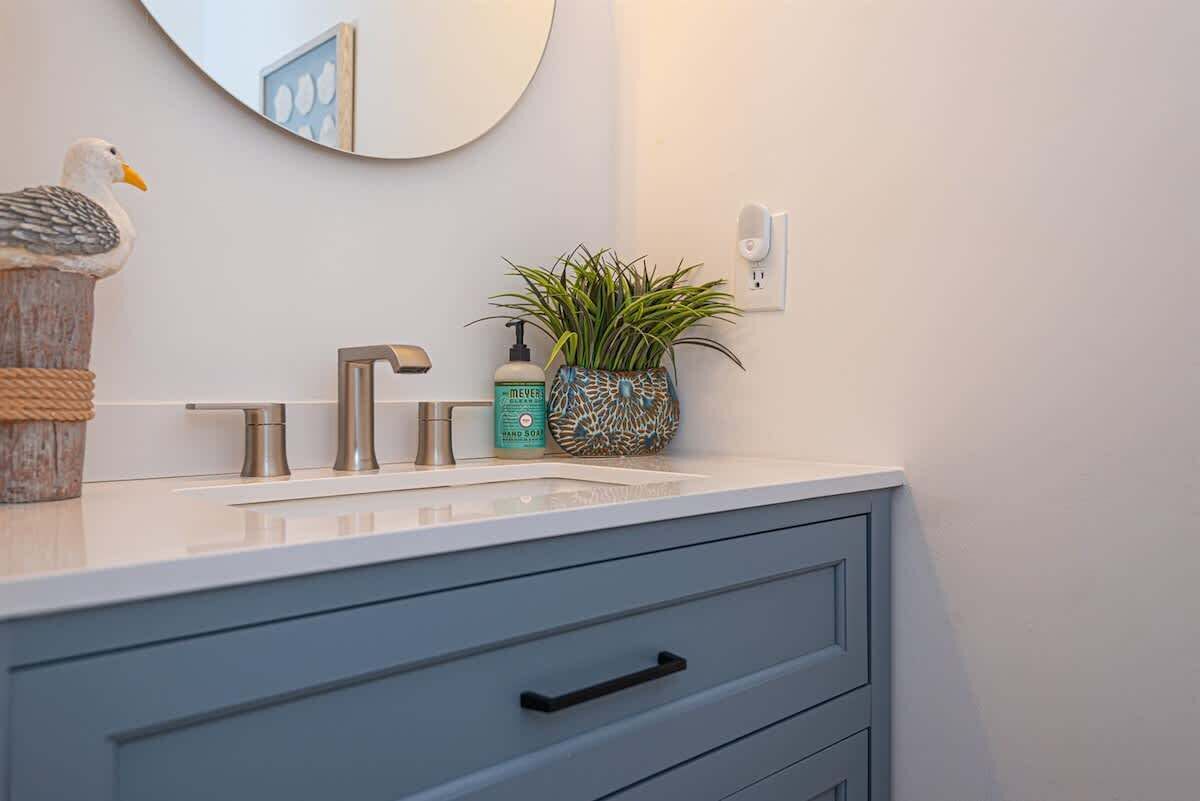 A bathroom with a white vanity, a round mirror, a seagull decoration, a hand soap dispenser, and a potted plant.