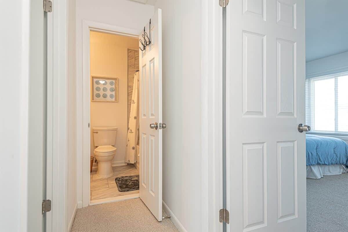 A hallway leading to a bathroom with a toilet, a shower curtain, and a small rug.