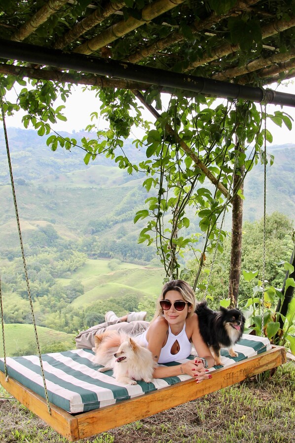 A person relaxing on a wooden swing bed with a dog, overlooking a green landscape. - encanto Toscano (Quimbaya)