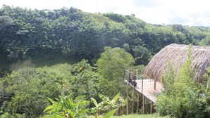 A thatched-roof structure with a wooden deck, surrounded by lush greenery and hills. - encanto Toscano (Quimbaya)