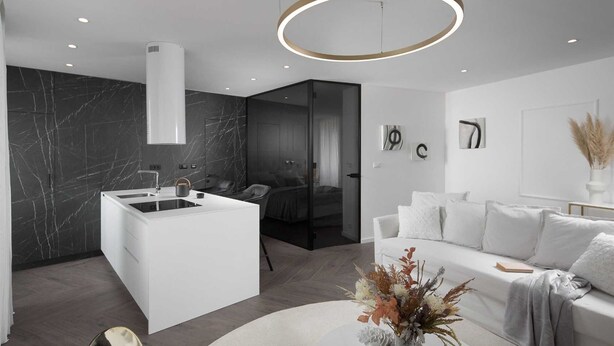 A modern living space with a kitchen island, a sofa, and a decorative vase. - Premium apartment Ca' San Marco in a historic town (Labin)
