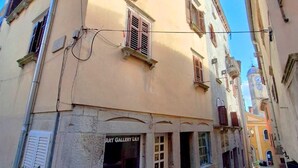 A narrow cobblestone street with a building featuring a shop named "Art Gallery Lily" at the ground level. - Premium apartment Ca' San Marco in a historic town (Labin)