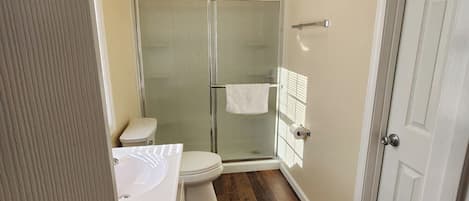 Regadera, toallas, jabón, papel de baño
