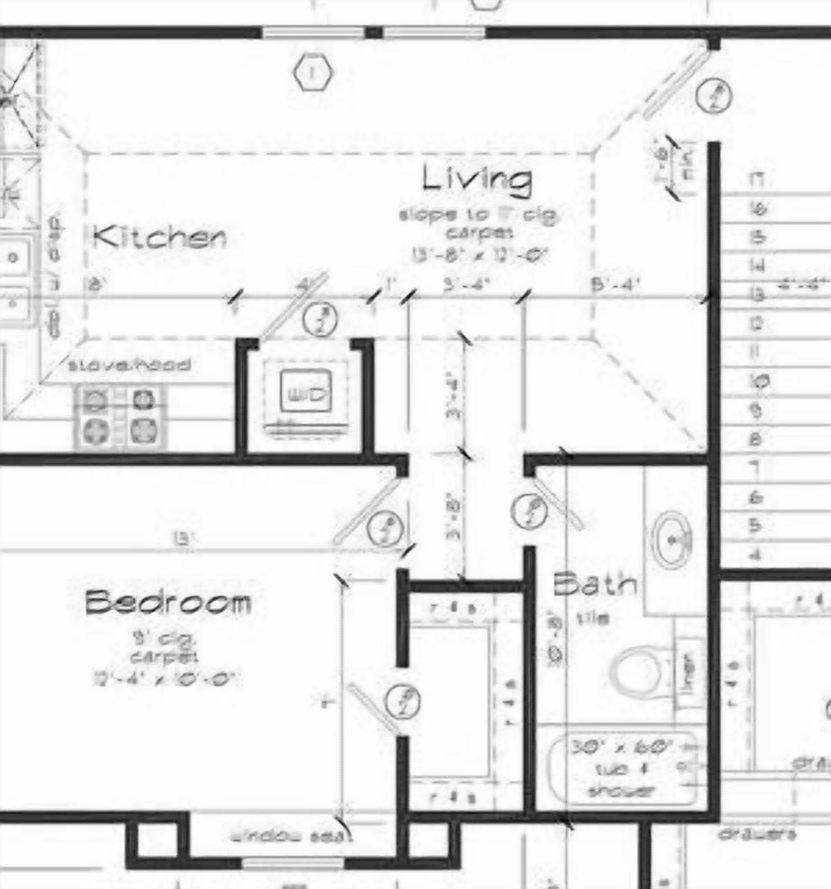 A floor plan with a kitchen, living room, bedroom, and bathroom. The kitchen has a stove hood, the living room has a slope to the ceiling, and the bedroom has a window seal.