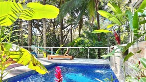 A swimming pool surrounded by lush greenery and a wooden deck. - Casa Amable by Ronny's place - Manuel Antonio (Quepos)