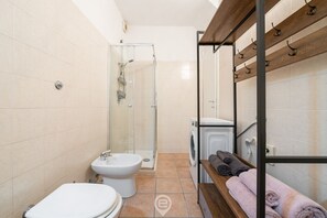Shower, hair dryer, bidet, towels