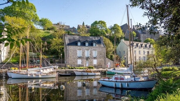 A harbor with several boats docked, a stone building with multiple windows, and lush greenery in the background. - Cocon du Clos - PEAULE (PEAULE)