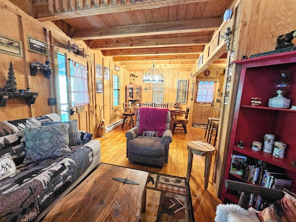 Smart TV, fireplace, DVD player, books