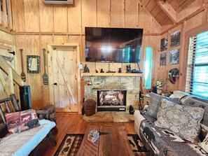 Smart TV, fireplace, DVD player, books