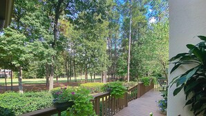 A wooden deck with a railing, surrounded by lush greenery and trees.