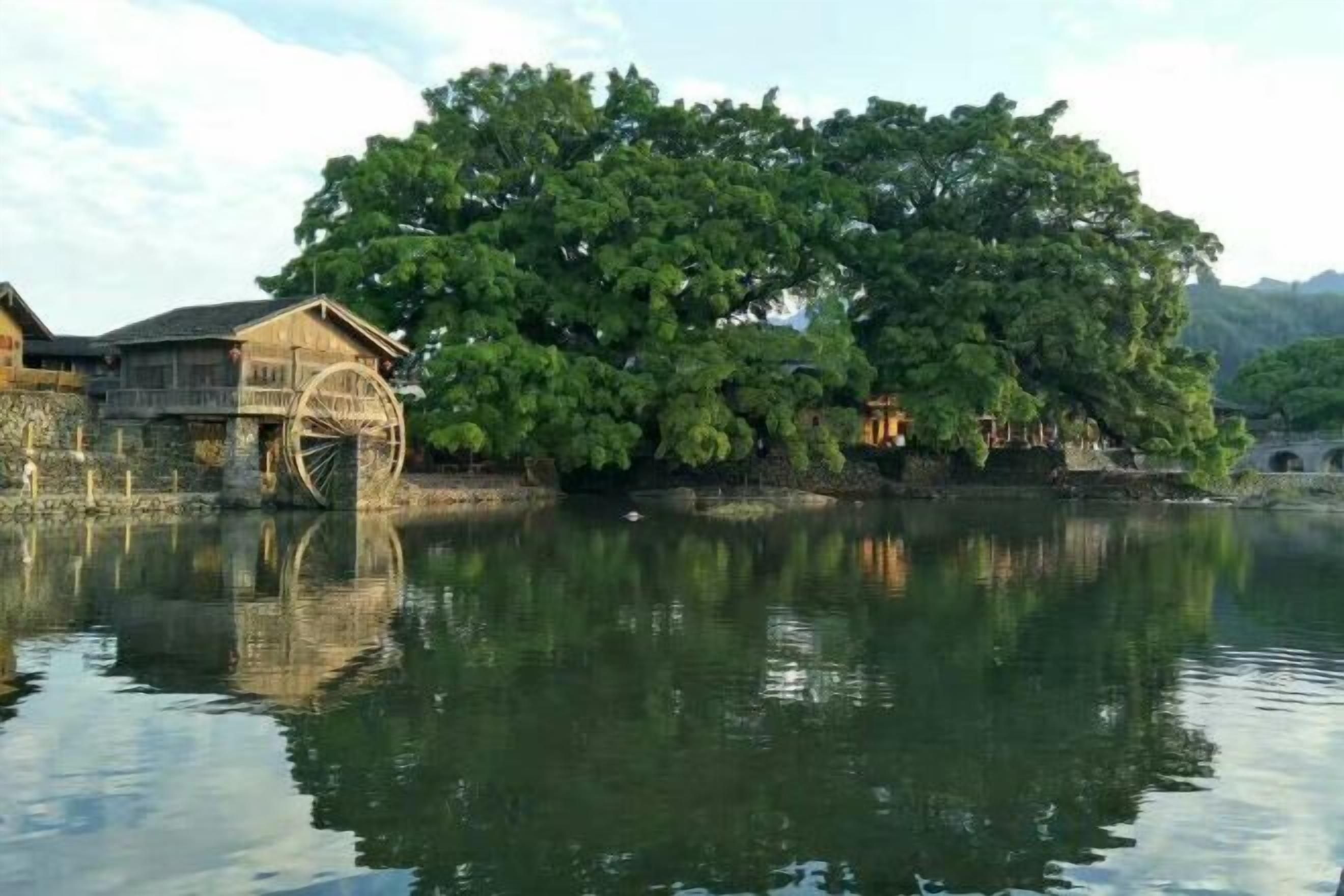 Un bâtiment traditionnel doté d’une roue à eau, entouré d’arbres et bordé par une étendue d’eau paisible.