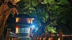 A pathway leading to a building with a traditional architectural style, surrounded by trees and illuminated by warm lighting. - YunShuiYao Tian'e Hotel (Nanjing County)