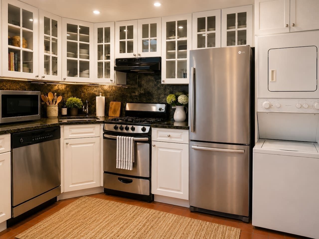 Coffee/tea maker, fridge, microwave, oven