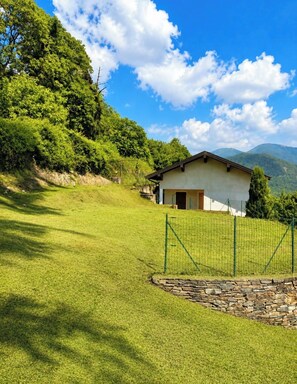 A house with a stone wall and a green fence in front, surrounded by lush green grass and trees.