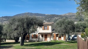 A two-story house with a tiled roof, surrounded by olive trees and a grassy yard. - 06CB : Pretty country house for 8 (Tourrettes-sur-Loup)