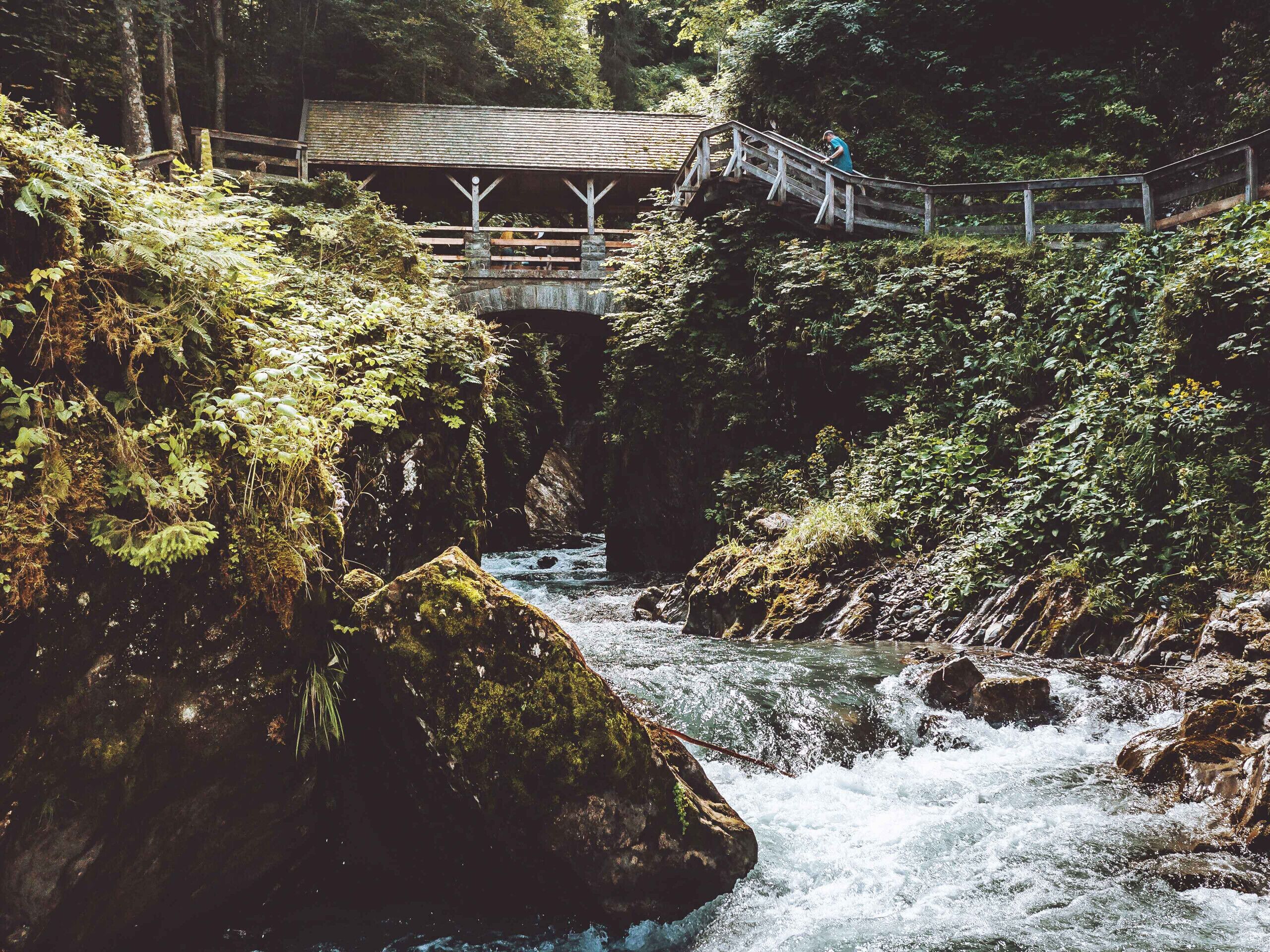 A wooden bridge over a fast-flowing river surrounded by dense forest.