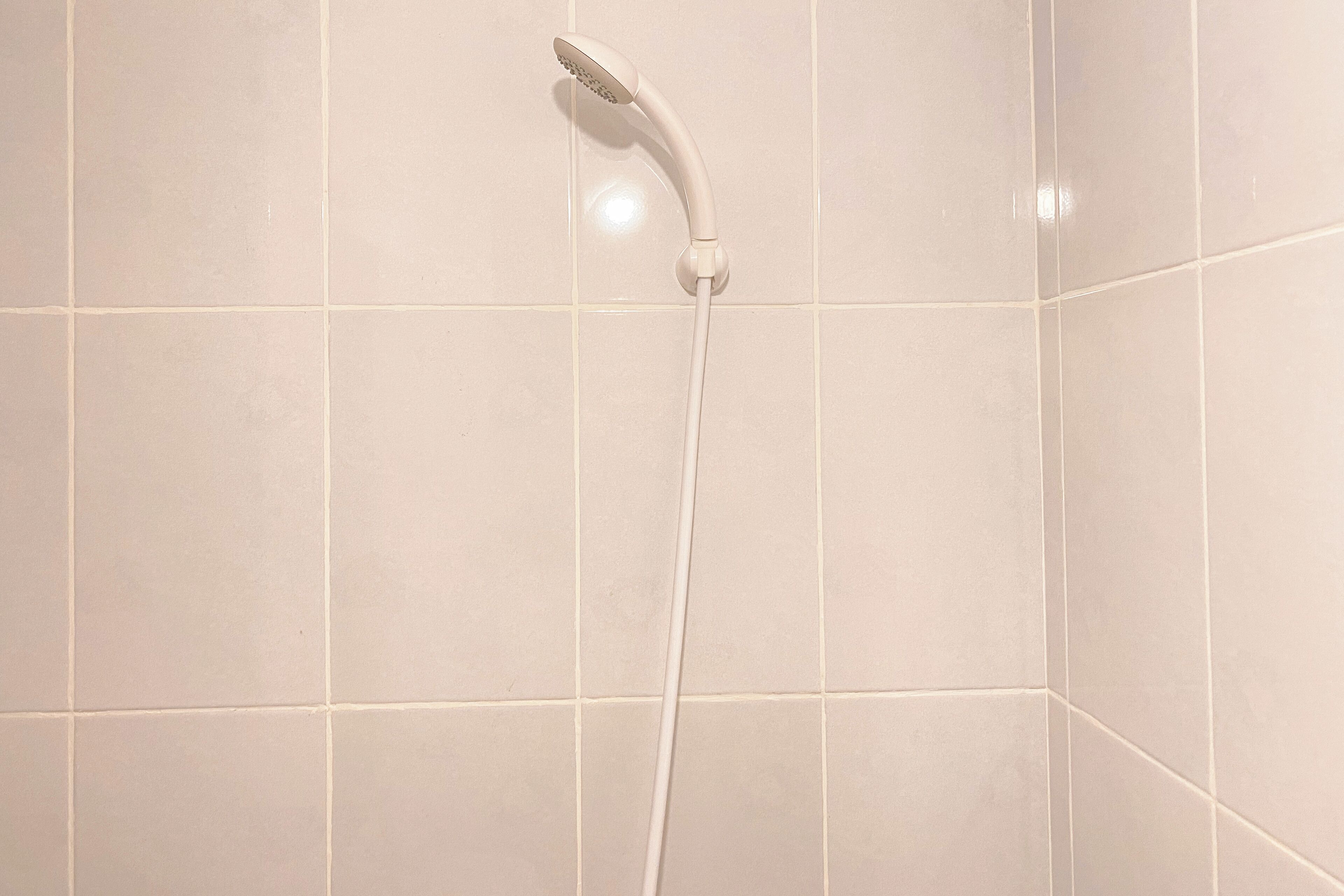 A showerhead mounted on a tiled wall.