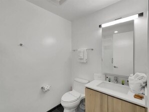 Shower, hair dryer, towels