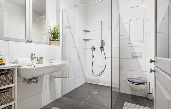 A modern bathroom with a glass shower enclosure, a white sink, and a toilet.