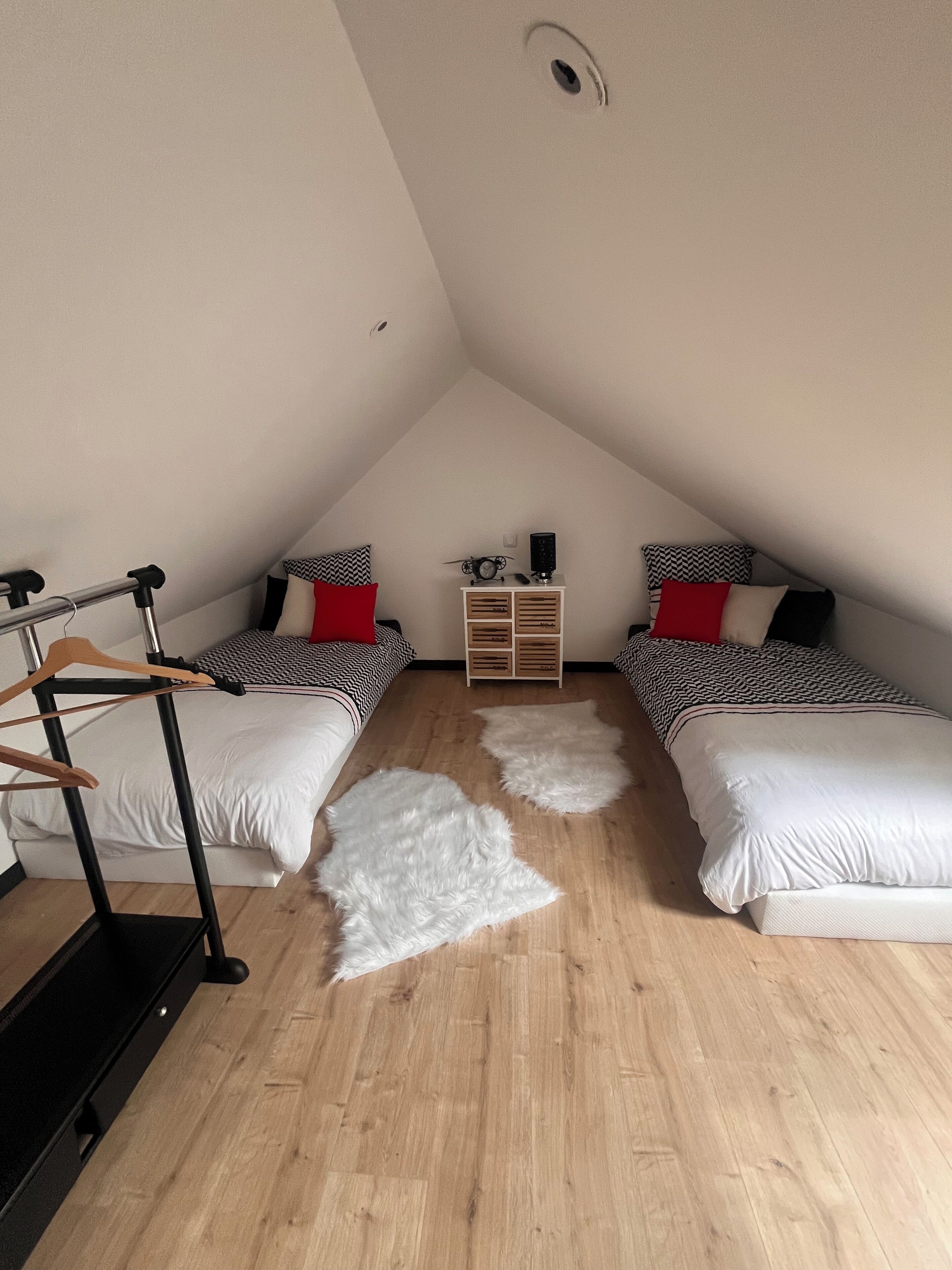 Une petite chambre mansardée de forme triangulaire, avec deux lits, une commode en bois et un tapis en fourrure sur le sol.