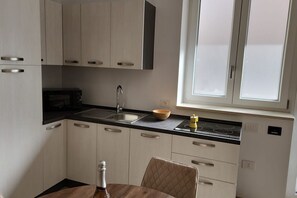 Fridge, microwave, stovetop, cookware/dishes/utensils