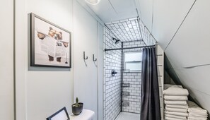 Shower, towels, soap, shampoo