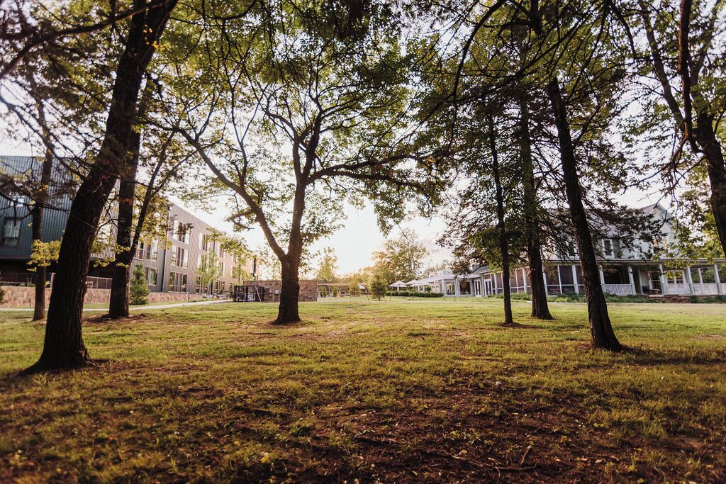 A grassy area with trees and buildings in the background.