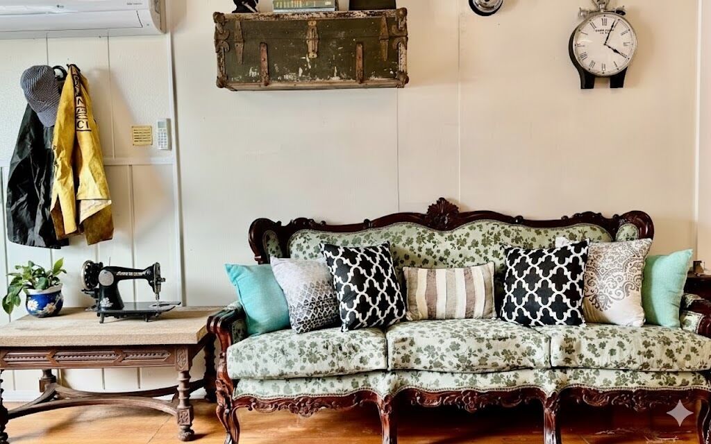 Un canapé de style vintage avec un revêtement à motifs floraux, une machine à coudre posée sur une table en bois et une horloge murale.