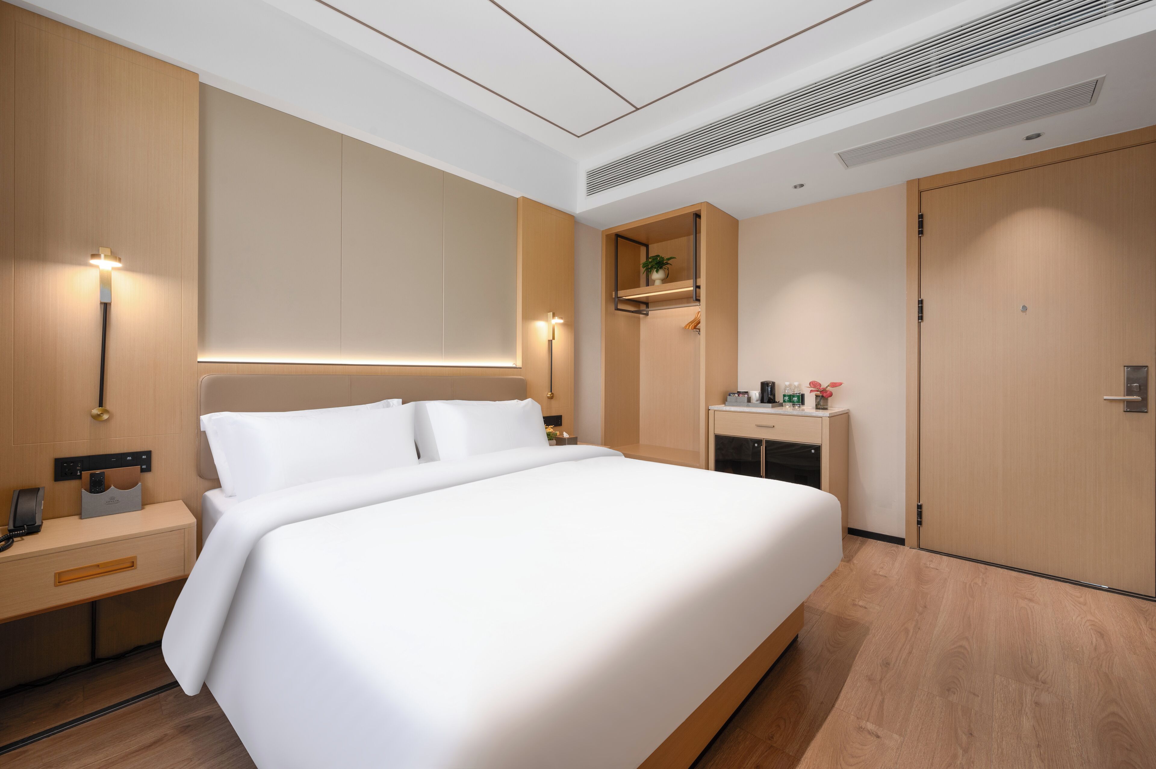 Una habitación de hotel moderna con una cama grande, mesitas de noche, un armario, un pequeño escritorio con espejo y una estantería con una planta.