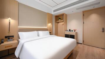 Una habitación de hotel moderna con una cama grande, mesitas de noche, un armario, un pequeño escritorio con espejo y una estantería con una planta.
