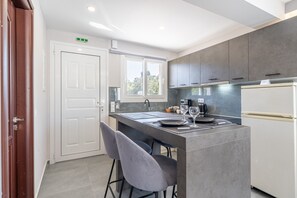 Fridge, oven, stovetop, coffee/tea maker
