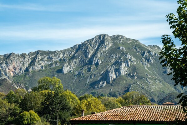 A mountain with a tiled roof building in the foreground.