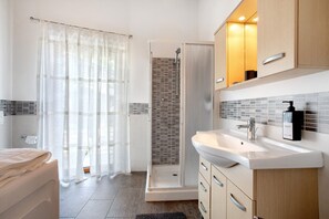Shower, hair dryer, towels