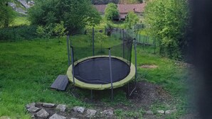 Un trampolín en un área verde con vistas a una montaña al fondo.