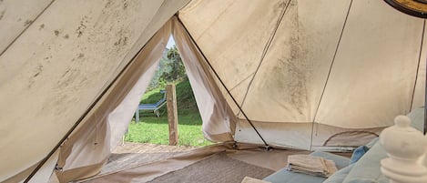 A tent interior with a view of a grassy area and a tree.
