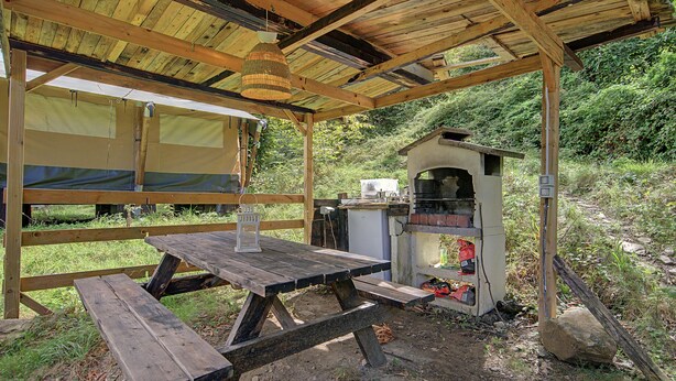 Une structure en bois installée à l’extérieur, comprenant une table de pique-nique et un barbecue.